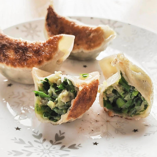 Gyoza dumplings on a decorative plate with a white background